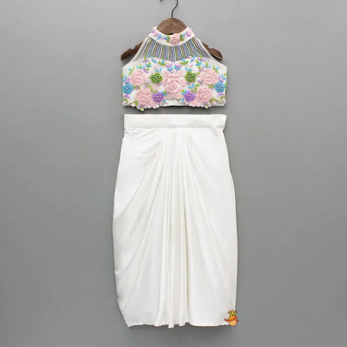 Best White Embroidered Embellished Halter Neck Top With Dhoti Style Skirt Ethnic Wear | Dhotis & Patialas