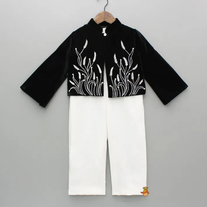 Clearance White Jumpsuit With Black Embroidered Jacket Ethnic Wear
