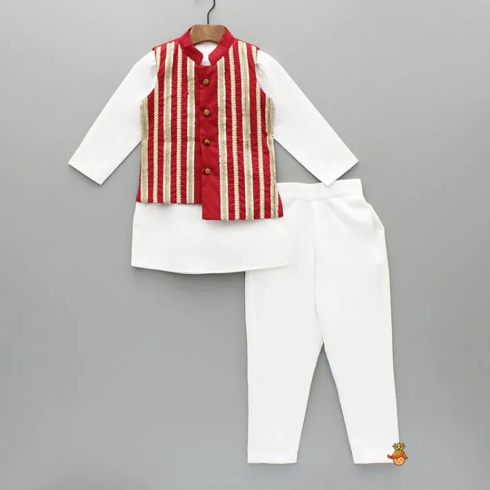 Clearance White Kurta With Embroidered Lace Work Jacket And Pant BOY Indian Ethnic Wear | Ethnic Sets