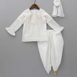 Outlet White Kurti And Tulip Style Dhoti With Net Dupatta Ethnic Wear | Dhotis & Patialas