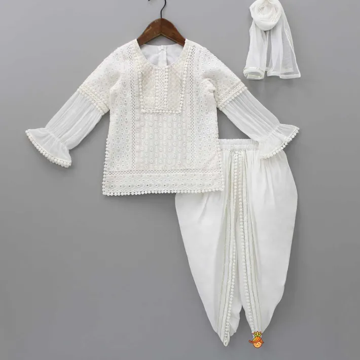 Outlet White Kurti And Tulip Style Dhoti With Net Dupatta Ethnic Wear | Dhotis & Patialas