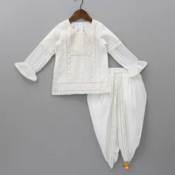 Outlet White Kurti And Tulip Style Dhoti With Net Dupatta Ethnic Wear | Dhotis & Patialas