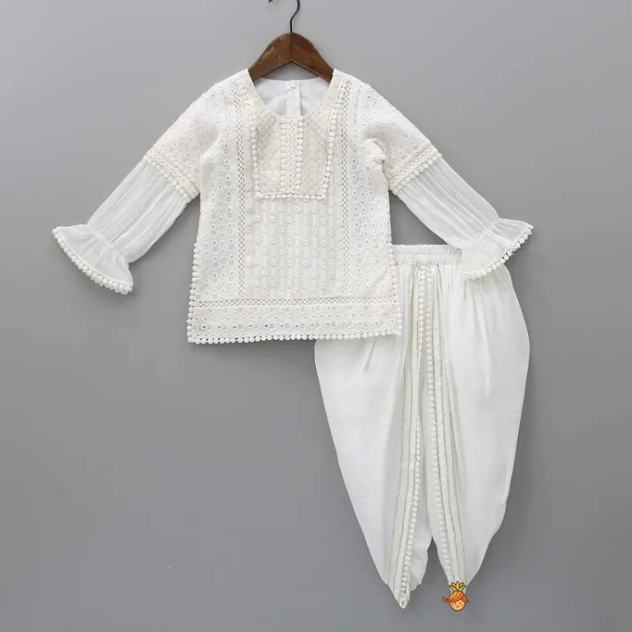 Outlet White Kurti And Tulip Style Dhoti With Net Dupatta Ethnic Wear | Dhotis & Patialas