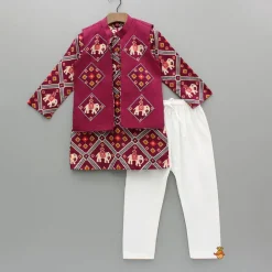 Online Wine Patola Printed Kurta With Front Open Jacket And Pyjama BOY Twinning Sets | Indian Ethnic Wear