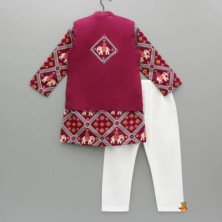 Online Wine Patola Printed Kurta With Front Open Jacket And Pyjama BOY Twinning Sets | Indian Ethnic Wear