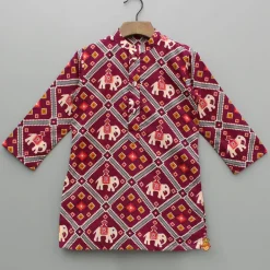Online Wine Patola Printed Kurta With Front Open Jacket And Pyjama BOY Twinning Sets | Indian Ethnic Wear