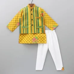 Hot Yellow Checks Printed Kurta With Striped Jacket And Churidar BOY Indian Ethnic Wear | Ethnic Sets