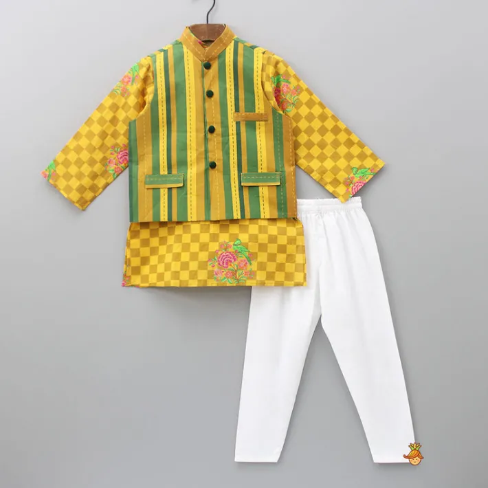 Hot Yellow Checks Printed Kurta With Striped Jacket And Churidar BOY Indian Ethnic Wear | Ethnic Sets