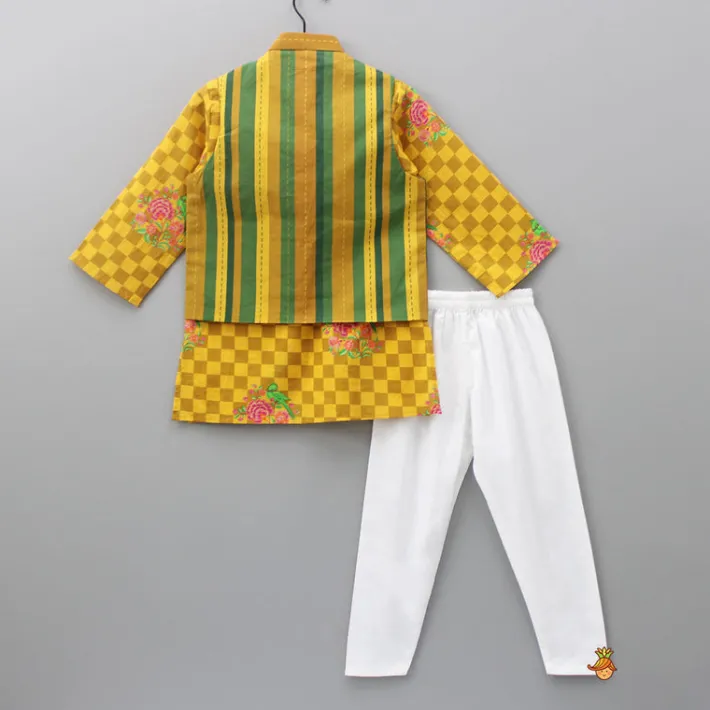 Hot Yellow Checks Printed Kurta With Striped Jacket And Churidar BOY Indian Ethnic Wear | Ethnic Sets