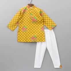 Hot Yellow Checks Printed Kurta With Striped Jacket And Churidar BOY Indian Ethnic Wear | Ethnic Sets