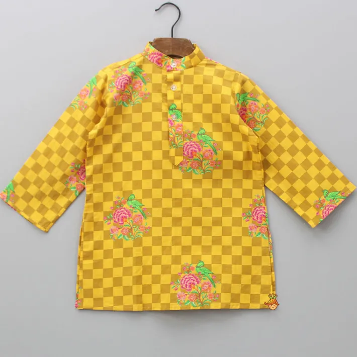 Hot Yellow Checks Printed Kurta With Striped Jacket And Churidar BOY Indian Ethnic Wear | Ethnic Sets