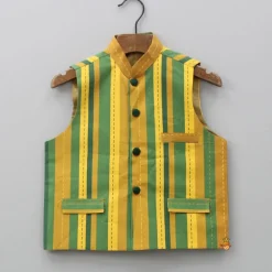 Hot Yellow Checks Printed Kurta With Striped Jacket And Churidar BOY Indian Ethnic Wear | Ethnic Sets
