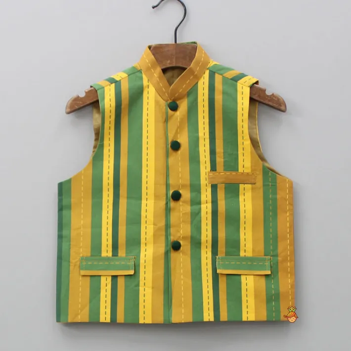 Hot Yellow Checks Printed Kurta With Striped Jacket And Churidar BOY Indian Ethnic Wear | Ethnic Sets