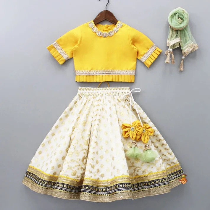 Sale Yellow Decorative Neckline Top With Lehenga And Dupatta Ethnic Wear | Lehengas & Ghagras