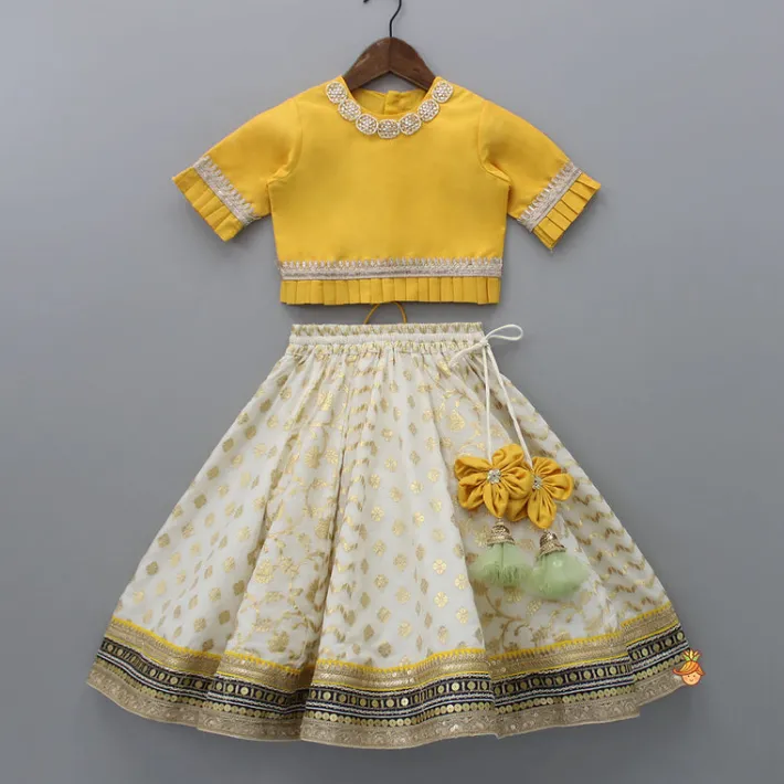 Sale Yellow Decorative Neckline Top With Lehenga And Dupatta Ethnic Wear | Lehengas & Ghagras