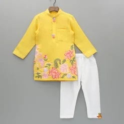 New Yellow Embroidered Kurta And Pyjama BOY Indian Ethnic Wear | Ethnic Sets