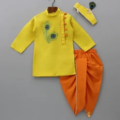 Online Yellow Embroidered Kurta And Dhoti With Mukut BOY Indian Ethnic Wear | Ethnic Sets