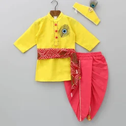 Discount Yellow Embroidered Kurta And Dhoti With Krishna Head Band BOY Indian Ethnic Wear | Ethnic Sets