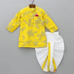 Clearance Yellow Embroidered Kurta And White Dhoti BOY Indian Ethnic Wear | Ethnic Sets