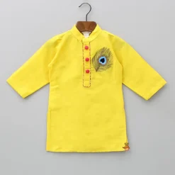 Discount Yellow Embroidered Kurta And Dhoti With Krishna Head Band BOY Indian Ethnic Wear | Ethnic Sets