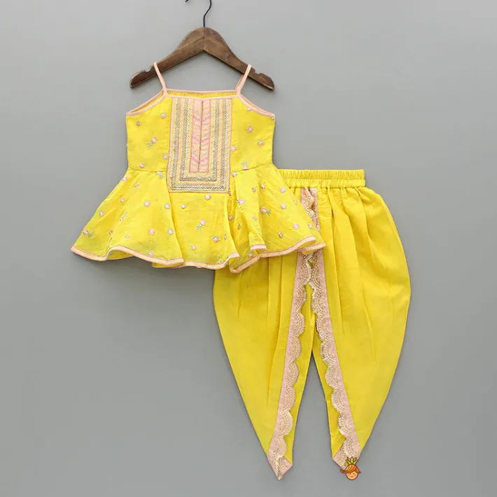 Hot Yellow Embroidered Strappy Top And Tulip Dhoti Ethnic Wear | Dhotis & Patialas