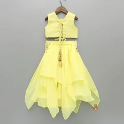 Outlet Yellow Embroidered Top And Stylish Layered Lehenga With Dupatta Ethnic Wear | Lehengas & Ghagras