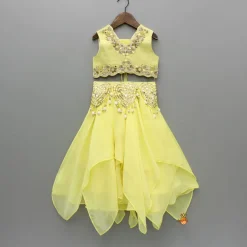 Outlet Yellow Embroidered Top And Stylish Layered Lehenga With Dupatta Ethnic Wear | Lehengas & Ghagras