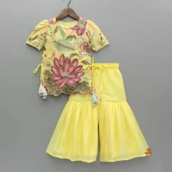 Hot Yellow Floral Embroidered Kurti And Sharara Ethnic Wear | Palazzos & Shararas