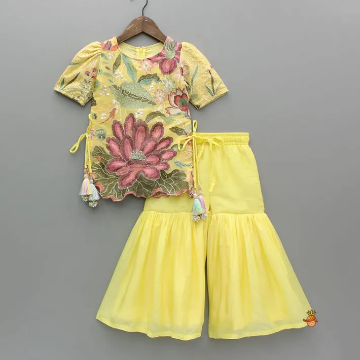Hot Yellow Floral Embroidered Kurti And Sharara Ethnic Wear | Palazzos & Shararas