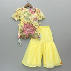 Hot Yellow Floral Embroidered Kurti And Sharara Ethnic Wear | Palazzos & Shararas