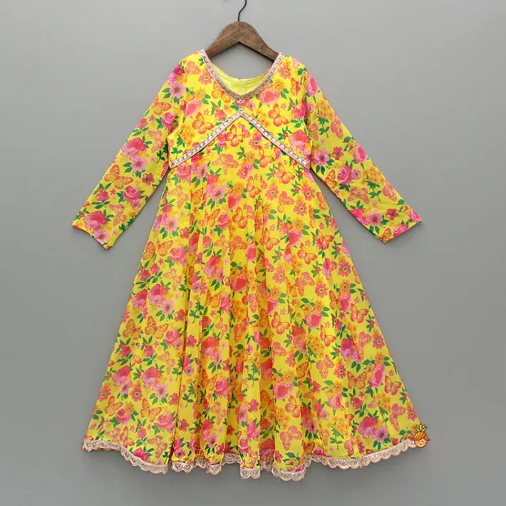 Hot Yellow Floral Printed Flared Long Kurti Ethnic Wear | Kurtis & Jumpsuits