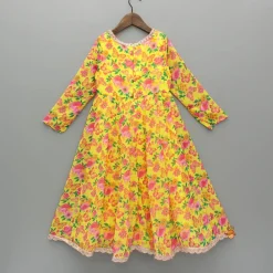 Hot Yellow Floral Printed Flared Long Kurti Ethnic Wear | Kurtis & Jumpsuits