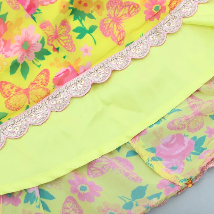 Hot Yellow Floral Printed Flared Long Kurti Ethnic Wear | Kurtis & Jumpsuits