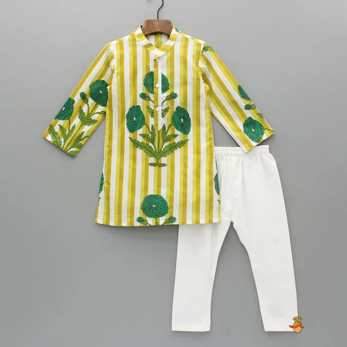 New Yellow Floral Printed Kurta With Gota Lace Detailed Jacket And Pyjama BOY Twinning Sets | Indian Ethnic Wear