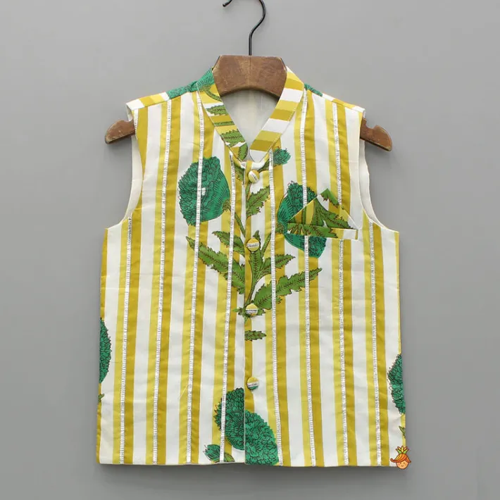 New Yellow Floral Printed Kurta With Gota Lace Detailed Jacket And Pyjama BOY Twinning Sets | Indian Ethnic Wear
