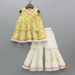 Sale Yellow Floral Printed Top And Tiered Sharara Ethnic Wear | Palazzos & Shararas