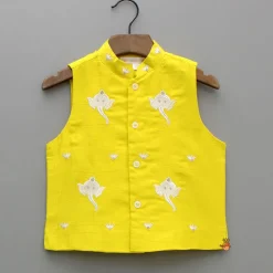 New Yellow Ganpati Embroidered Jacket With Matching Kurta And Pyjama BOY Indian Ethnic Wear | Ethnic Sets