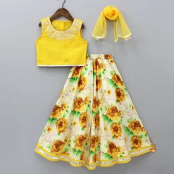 New Yellow Gota Lace Embroidered Top With Floral Printed Lehenga And Net Dupatta Ethnic Wear | Lehengas & Ghagras