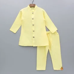 Outlet Yellow Kurta And Floral Embroidered Jacket With Pyjama BOY Indian Ethnic Wear | Ethnic Sets