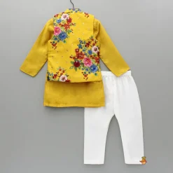 Outlet Yellow Kurta And Floral Printed Embroidered Jacket With Pyjama BOY Twinning Sets | Indian Ethnic Wear