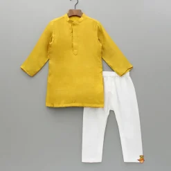 Outlet Yellow Kurta And Floral Printed Embroidered Jacket With Pyjama BOY Twinning Sets | Indian Ethnic Wear