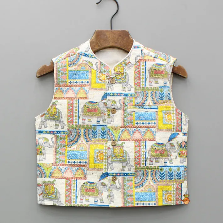 Clearance Yellow Kurta With Printed Embroidered Jacket And Pyjama BOY Indian Ethnic Wear | Ethnic Sets