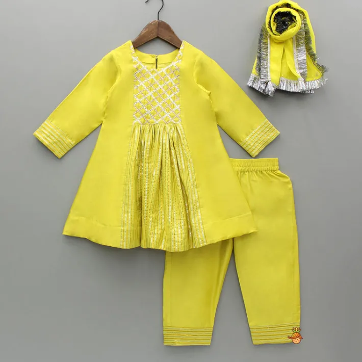 New Yellow Kurti With Gota Lace Detailing And Pant With Matching Dupatta Ethnic Wear | Churidars & Salwars