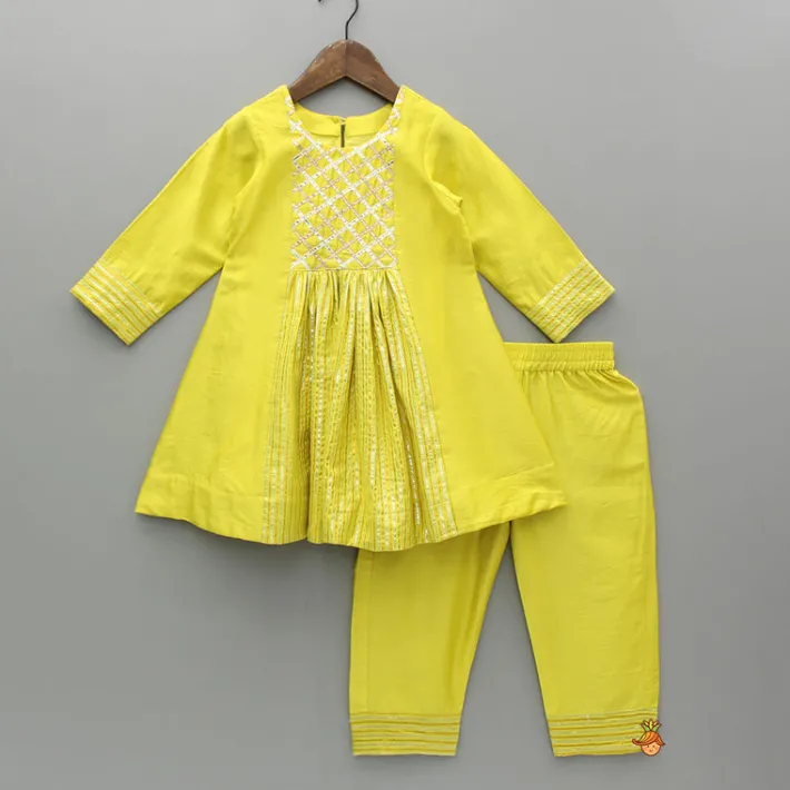 New Yellow Kurti With Gota Lace Detailing And Pant With Matching Dupatta Ethnic Wear | Churidars & Salwars
