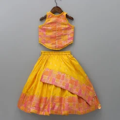 Discount Yellow Multicolour Brocade Printed Top With Pleated Flap Lehenga And Net Dupatta Ethnic Wear | Lehengas & Ghagras