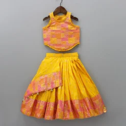 Discount Yellow Multicolour Brocade Printed Top With Pleated Flap Lehenga And Net Dupatta Ethnic Wear | Lehengas & Ghagras