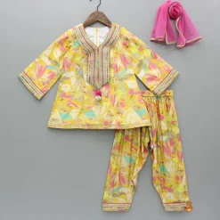 Clearance Yellow Multicoloured Printed Kurti And Salwar With Dupatta Twinning Sets | Ethnic Wear