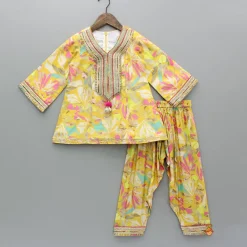 Clearance Yellow Multicoloured Printed Kurti And Salwar With Dupatta Twinning Sets | Ethnic Wear