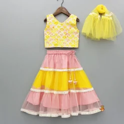Sale Yellow Printed Embroidered Top And Dual Tone Lehenga With Dupatta Ethnic Wear | Lehengas & Ghagras