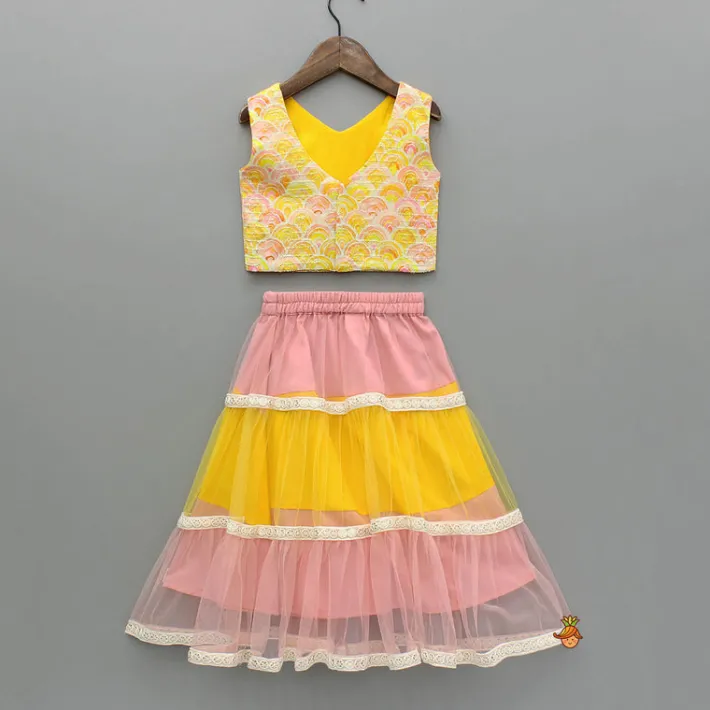 Sale Yellow Printed Embroidered Top And Dual Tone Lehenga With Dupatta Ethnic Wear | Lehengas & Ghagras